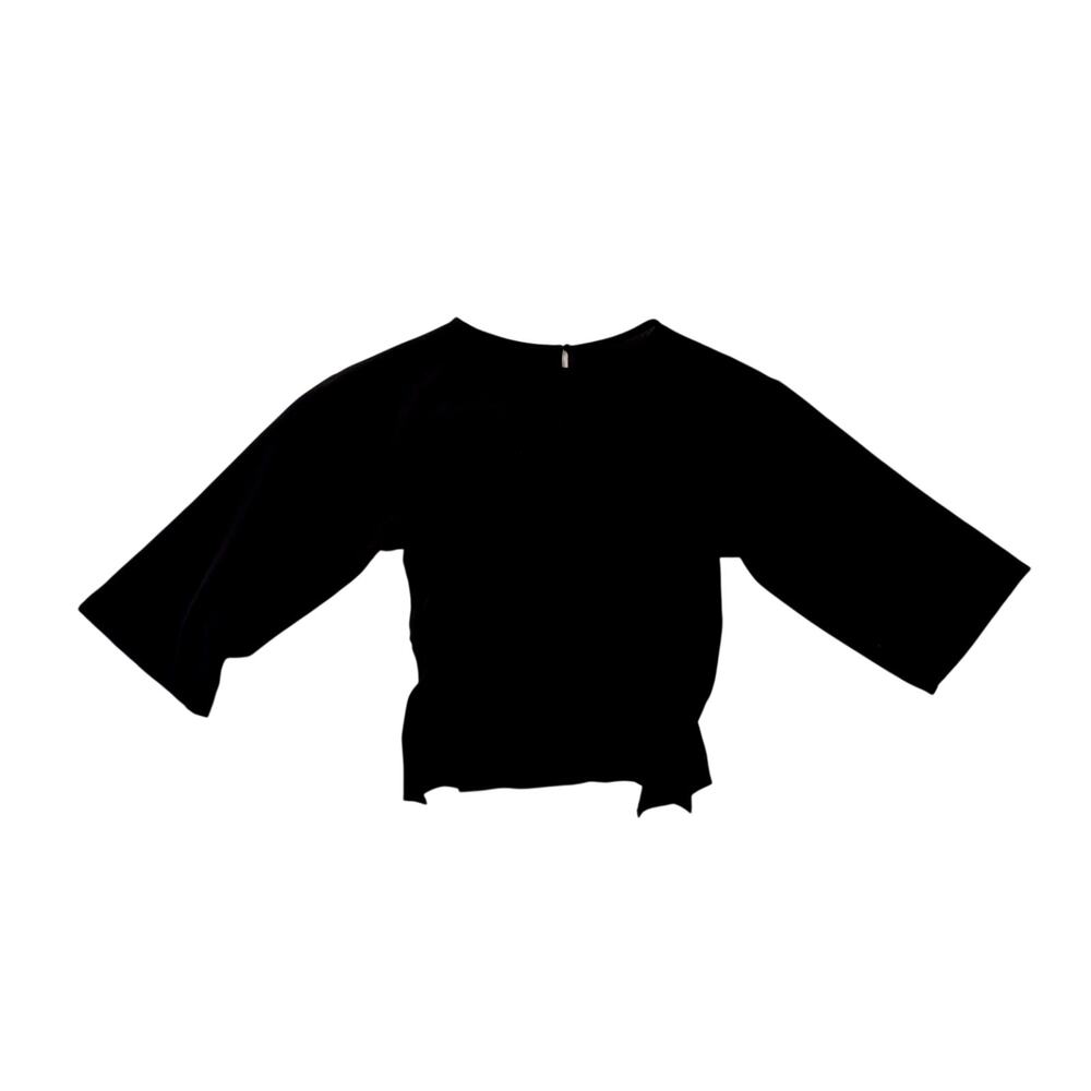 Black Pleated Blouse Pintuck 3/4 Sleeve Stretch Woven Minimalist Small Workwear - Picture 4 of 15